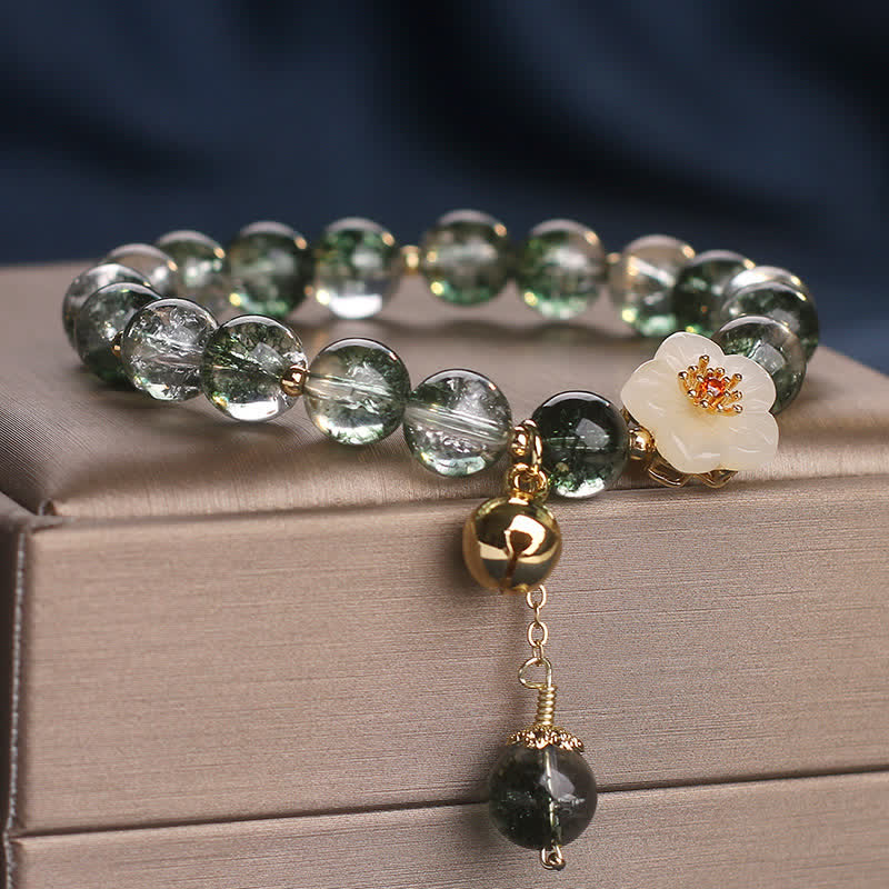 Buddha Stones Bracelet de richesse Green Phantom en jade blanc avec breloque fleur - image 3