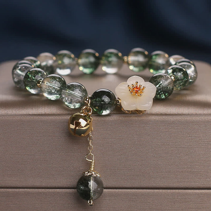 Buddha Stones Bracelet de richesse Green Phantom en jade blanc avec breloque fleur - Fantôme Vert (Croissance ♥ Richesse) - 5,9–6,3 pouces (15–16 cm) - image 0