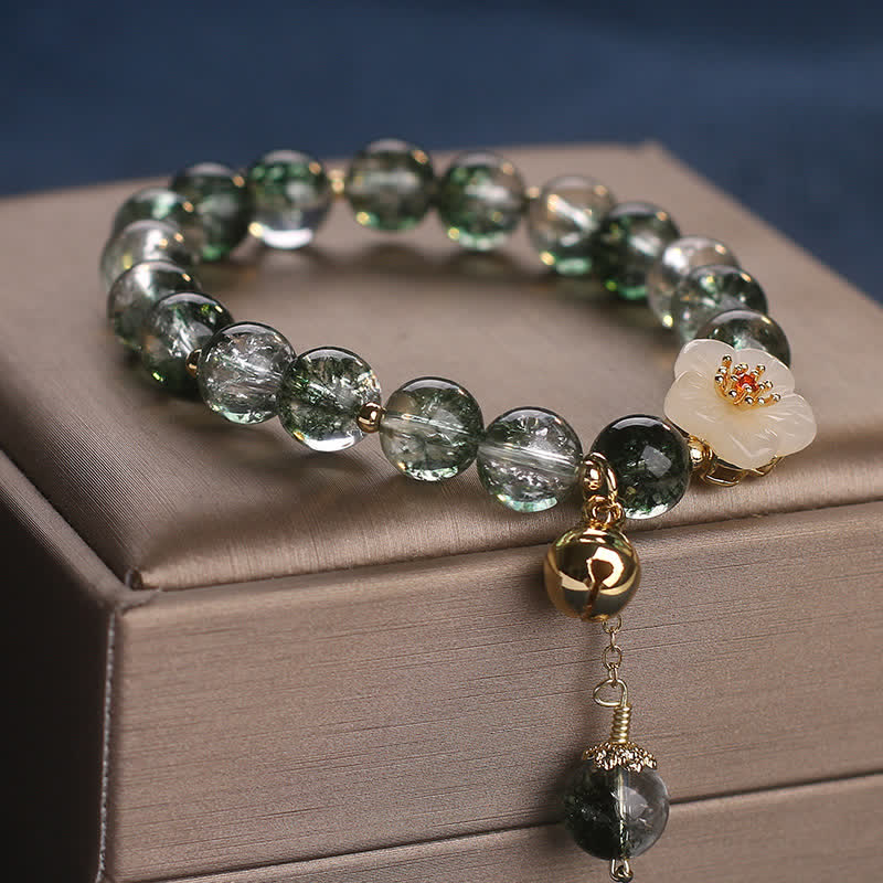 Buddha Stones Bracelet de richesse Green Phantom en jade blanc avec breloque fleur - image 8