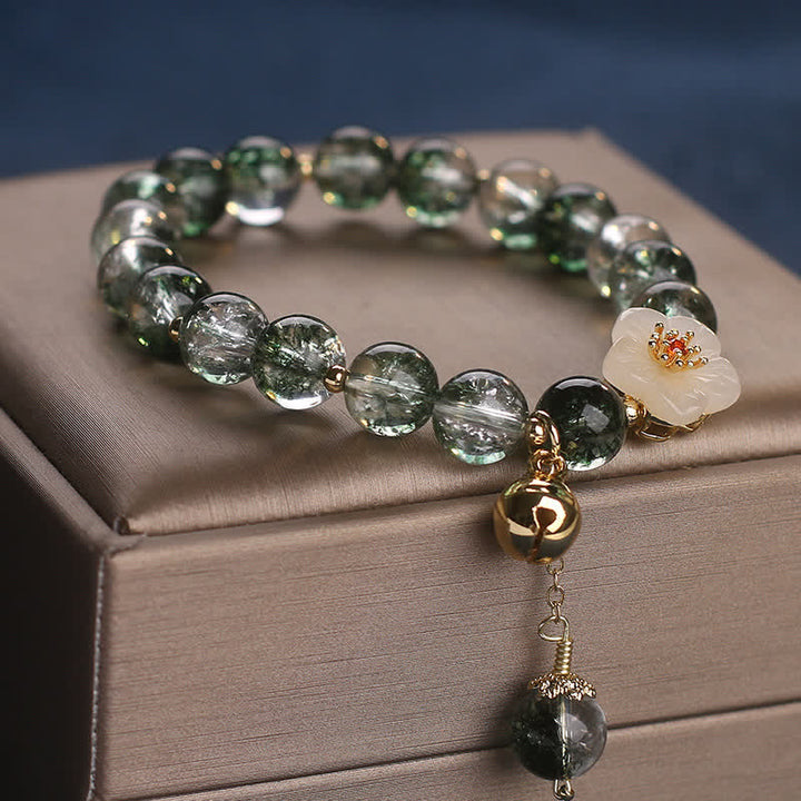 Buddha Stones Bracelet de richesse Green Phantom en jade blanc avec breloque fleur - image 8