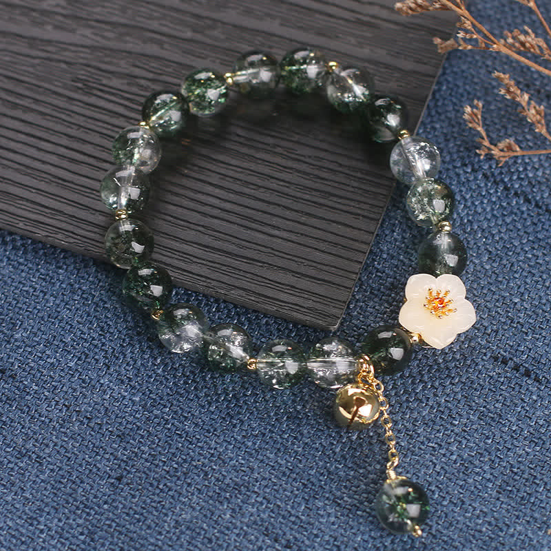 Buddha Stones Bracelet de richesse Green Phantom en jade blanc avec breloque fleur - image 9