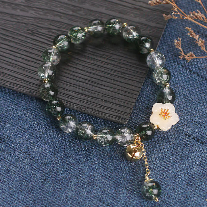 Buddha Stones Bracelet de richesse Green Phantom en jade blanc avec breloque fleur - image 9