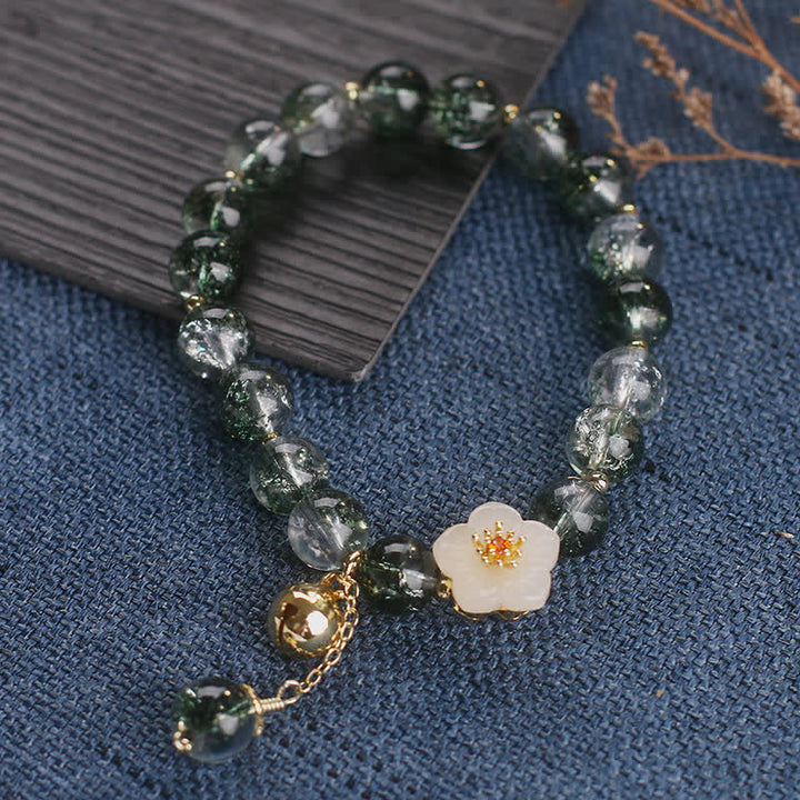 Buddha Stones Bracelet de richesse Green Phantom en jade blanc avec breloque fleur - image 10