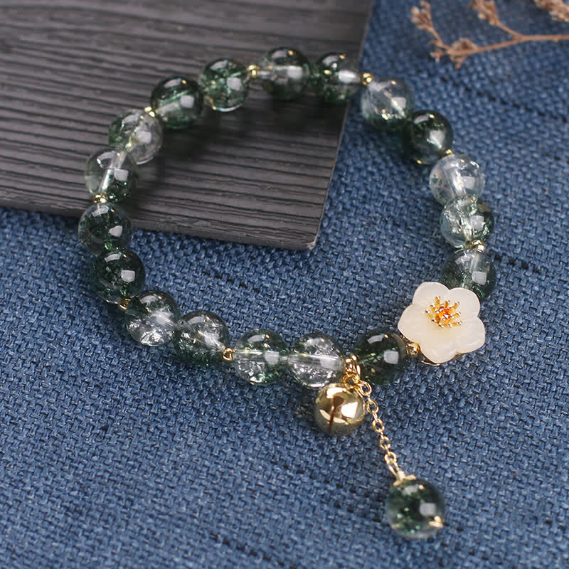 Buddha Stones Bracelet de richesse Green Phantom en jade blanc avec breloque fleur - image 11