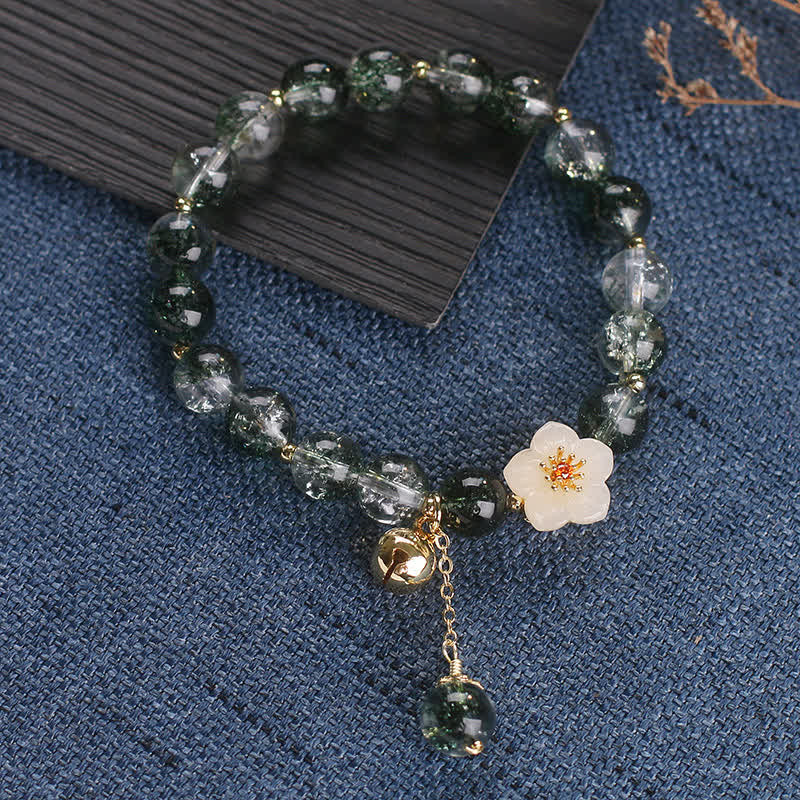 Buddha Stones Bracelet de richesse Green Phantom en jade blanc avec breloque fleur - image 12