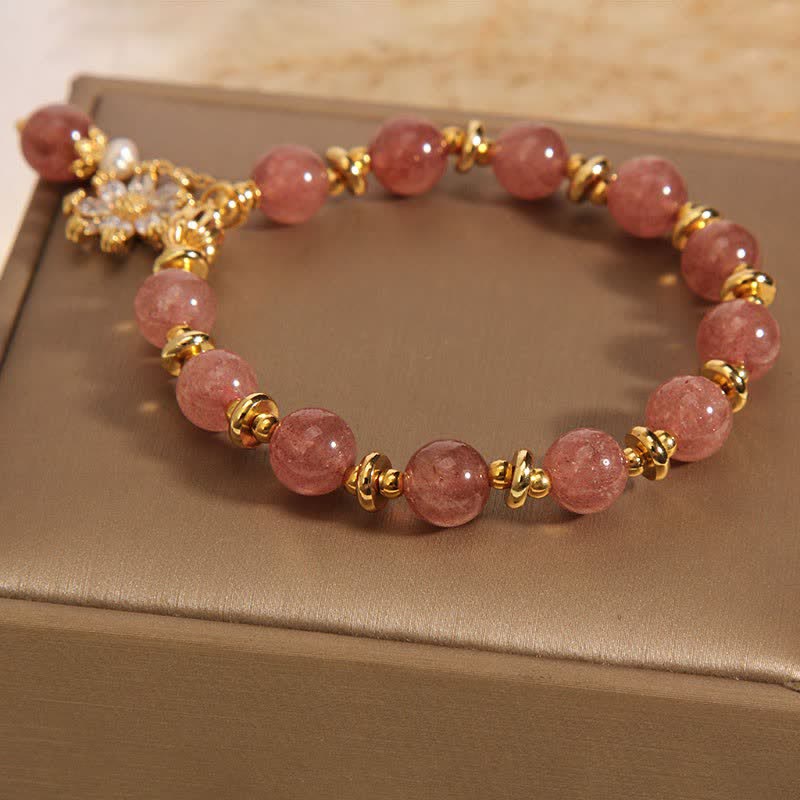 Buddha Stones Bracelet Marguerite en quartz fraise et perle - image 7