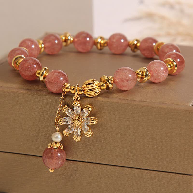 Buddha Stones Bracelet Marguerite en quartz fraise et perle - image 1