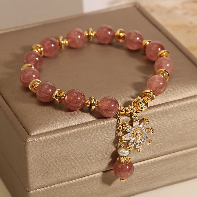 Buddha Stones Bracelet Marguerite en quartz fraise et perle - image 8
