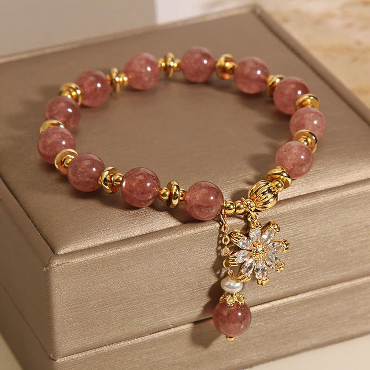 Buddha Stones Bracelet Marguerite en quartz fraise et perle - image 8