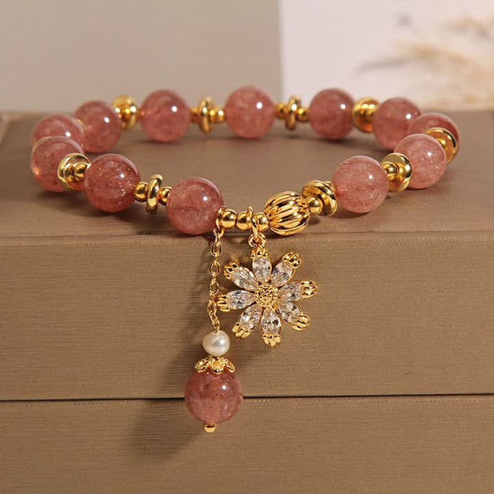 Buddha Stones Bracelet Marguerite en quartz fraise et perle - Fleur de marguerite (Tour de poignet : 15-16 cm) - image 0