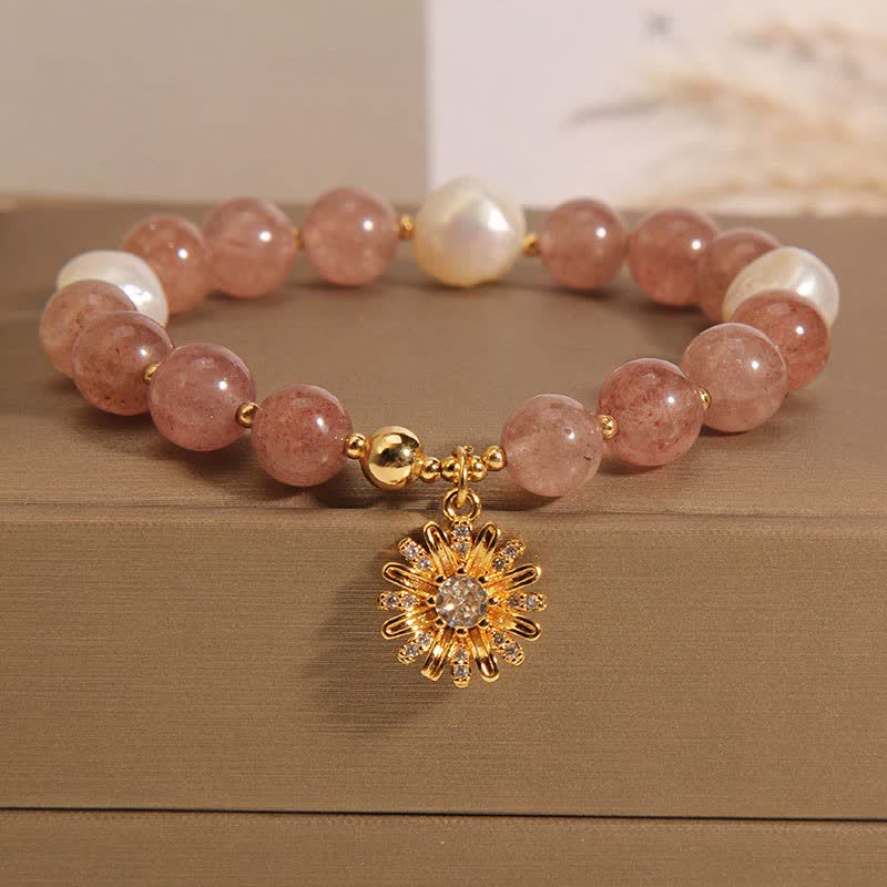 Buddha Stones Bracelet Marguerite en quartz fraise et perle - Fleur de marguerite perlière (Tour de poignet : 15-16 cm) - image 9