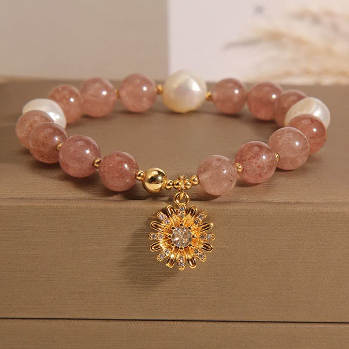 Buddha Stones Bracelet Marguerite en quartz fraise et perle - Fleur de marguerite perlière (Tour de poignet : 15-16 cm) - image 9