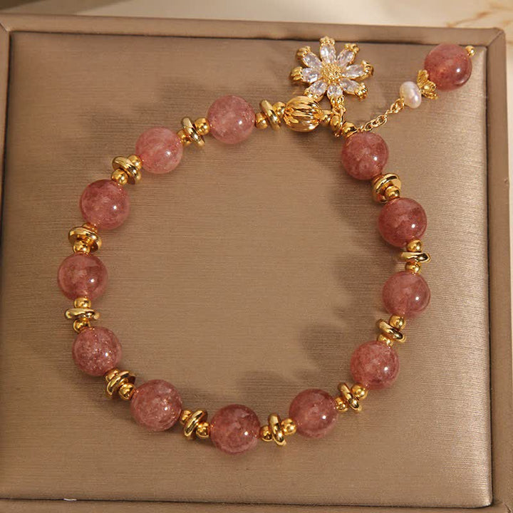 Buddha Stones Bracelet Marguerite en quartz fraise et perle - image 4