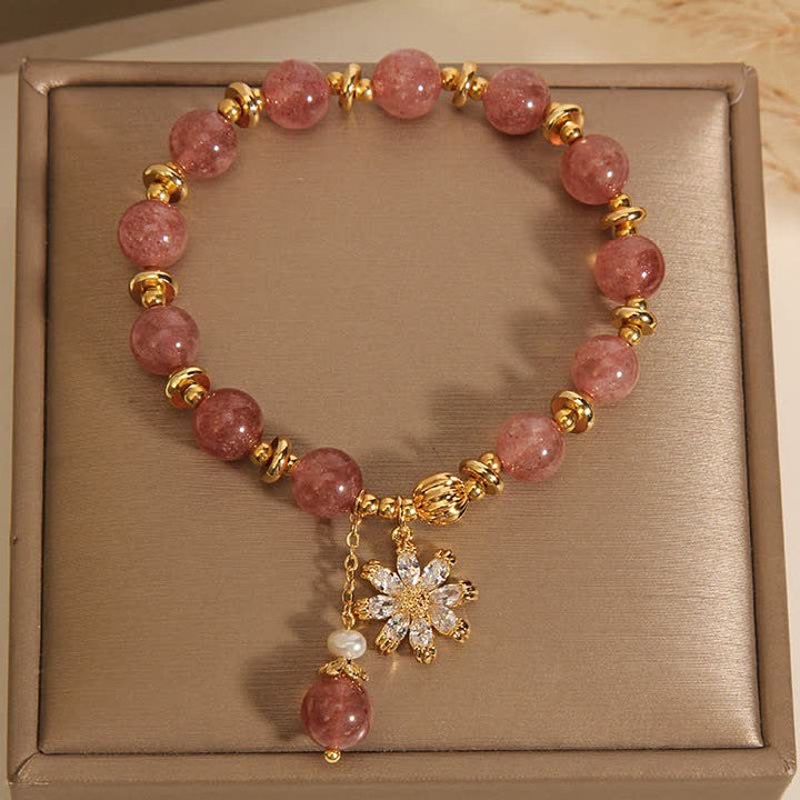 Buddha Stones Bracelet Marguerite en quartz fraise et perle - image 2