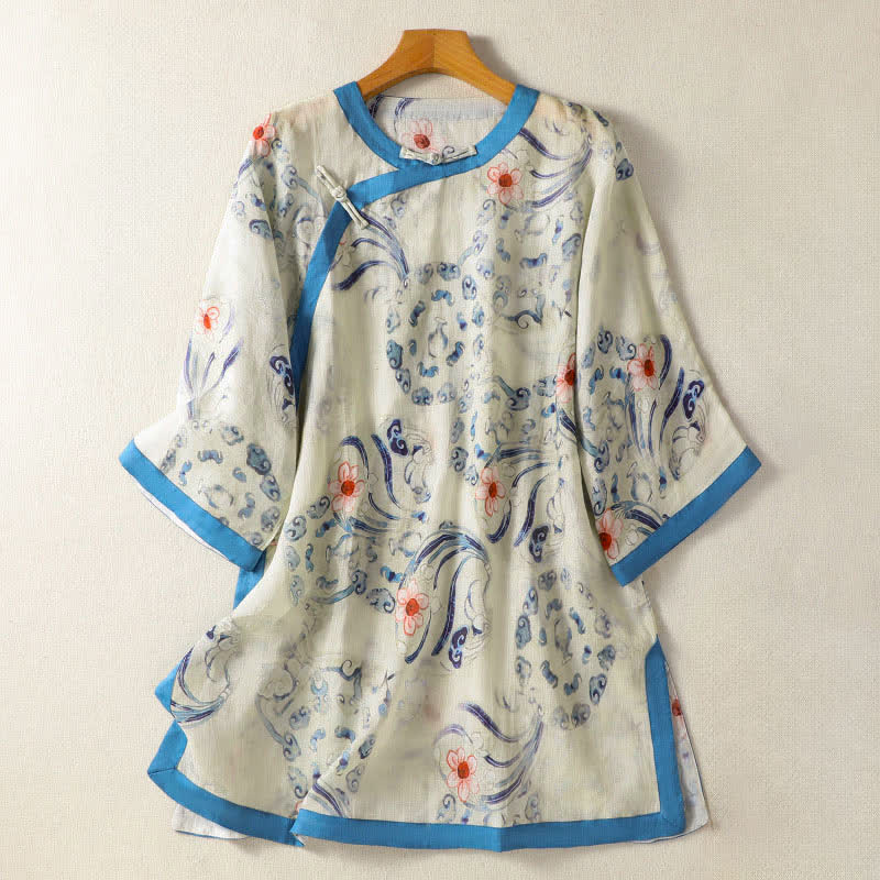 Buddha Stones Chemises à manches longues pour femmes, style Tang, vintage, à boutons grenouilles et motifs abstraits. - FloralWhite - US12, UK/AU16, EU44 (2XL) - image 0