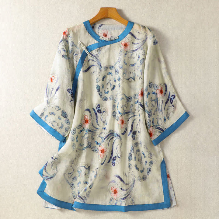 Buddha Stones Chemises à manches longues pour femmes, style Tang, vintage, à boutons grenouilles et motifs abstraits. - FloralWhite - US12, UK/AU16, EU44 (2XL) - image 0