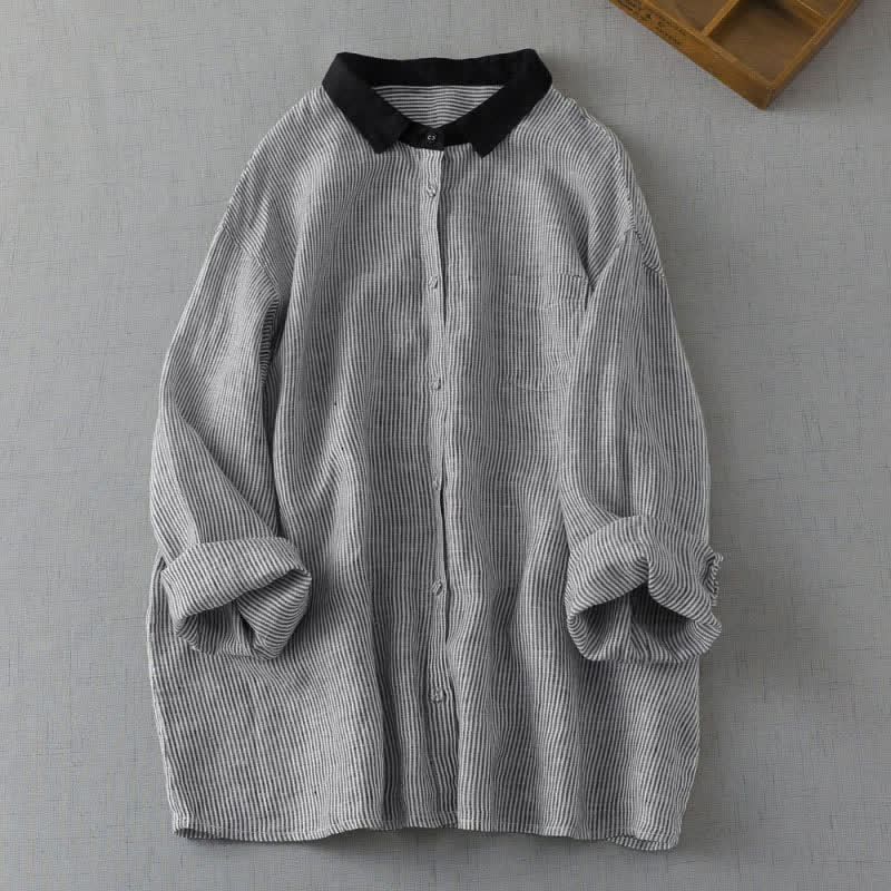Buddha Stones Chemises rayées à manches longues boutonnées style Tang, style décontracté d'été, avec poche - Gris clair - US8-10, UK/AU12-14, EU40-42 (2XL) - image 2