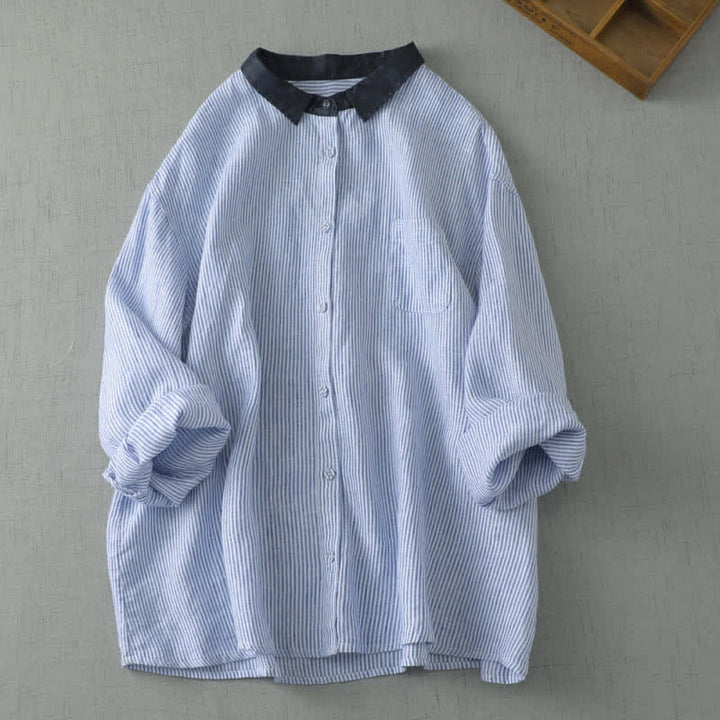 Buddha Stones Chemises rayées à manches longues boutonnées style Tang, style décontracté d'été, avec poche - Bleu clair - US8-10, UK/AU12-14, EU40-42 (2XL) - image 0