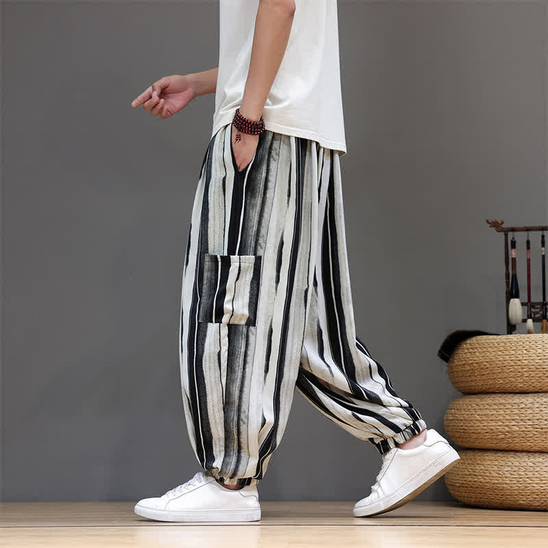 Buddha Stones Pantalon court rayé style bohème décontracté d'été avec poches plaquées, style sarouel pour homme. - image 4