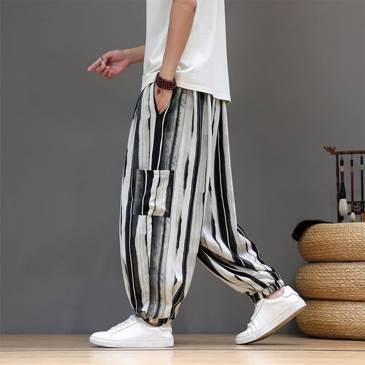Buddha Stones Pantalon court rayé style bohème décontracté d'été avec poches plaquées, style sarouel pour homme. - image 4