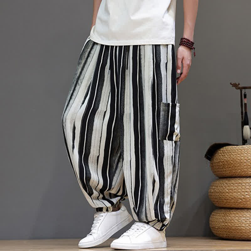 Buddha Stones Pantalon court rayé style bohème décontracté d'été avec poches plaquées, style sarouel pour homme. - image 2