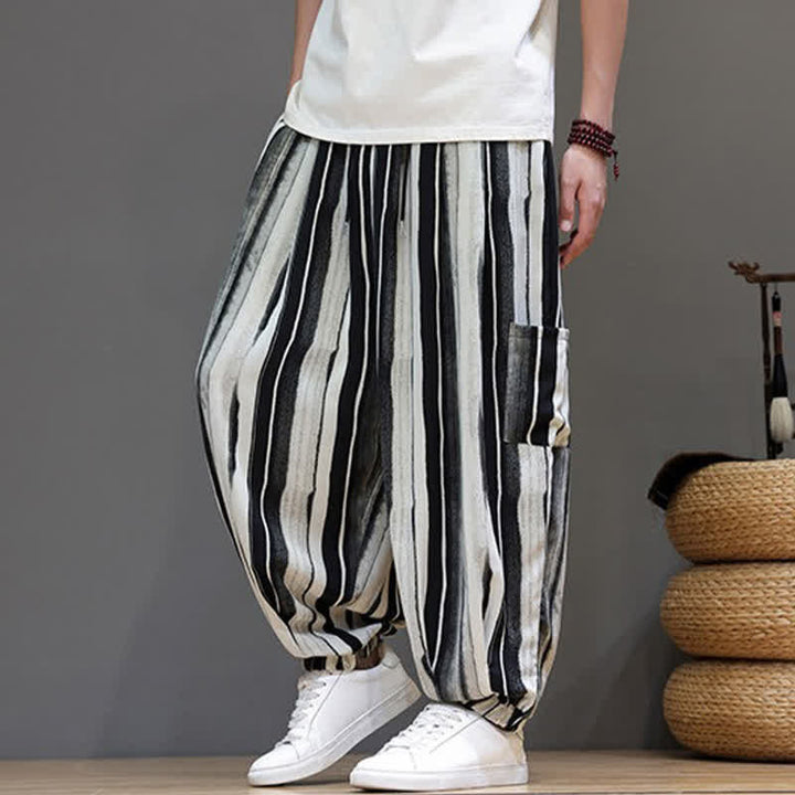 Buddha Stones Pantalon court rayé style bohème décontracté d'été avec poches plaquées, style sarouel pour homme. - image 2