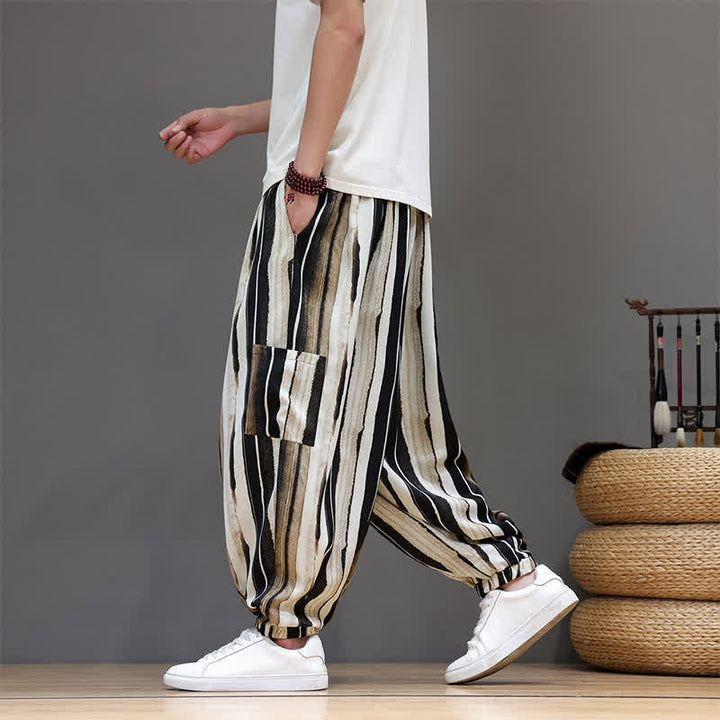 Buddha Stones Pantalon court rayé style bohème décontracté d'été avec poches plaquées, style sarouel pour homme. - image 13