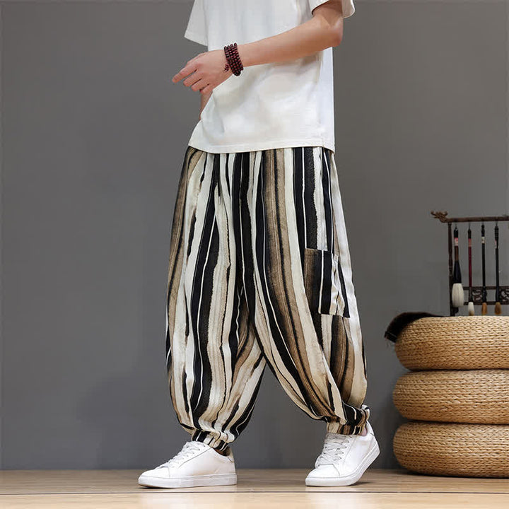 Buddha Stones Pantalon court rayé style bohème décontracté d'été avec poches plaquées, style sarouel pour homme. - image 12