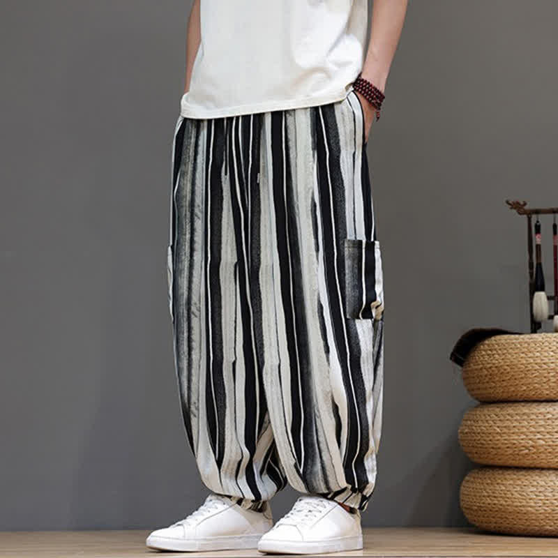 Buddha Stones Pantalon court rayé style bohème décontracté d'été avec poches plaquées, style sarouel pour homme. - Noir - US/UK/AU46, EU56 (5XL) - image 3