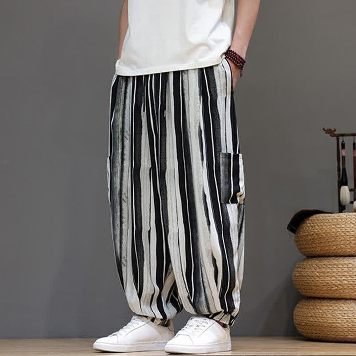 Buddha Stones Pantalon court rayé style bohème décontracté d'été avec poches plaquées, style sarouel pour homme. - Noir - US/UK/AU46, EU56 (5XL) - image 3