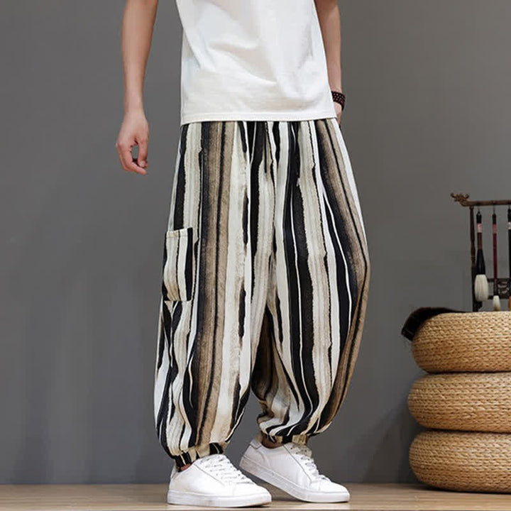 Buddha Stones Pantalon court rayé style bohème décontracté d'été avec poches plaquées, style sarouel pour homme. - image 16