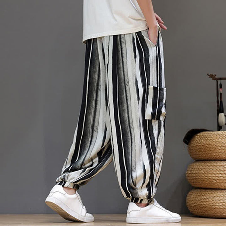 Buddha Stones Pantalon court rayé style bohème décontracté d'été avec poches plaquées, style sarouel pour homme. - image 8