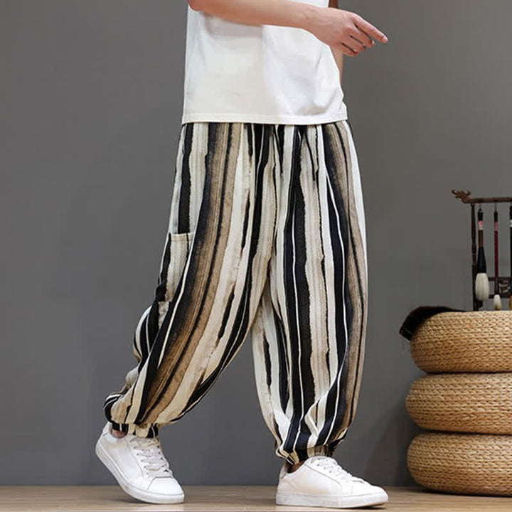 Buddha Stones Pantalon court rayé style bohème décontracté d'été avec poches plaquées, style sarouel pour homme. - image 14
