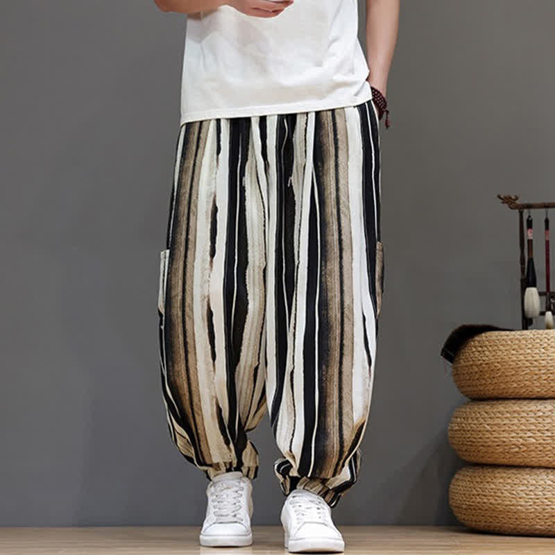 Buddha Stones Pantalon court rayé style bohème décontracté d'été avec poches plaquées, style sarouel pour homme. - image 10