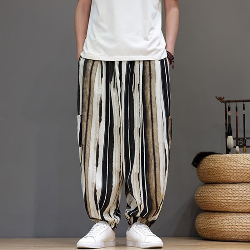 Buddha Stones Pantalon court rayé style bohème décontracté d'été avec poches plaquées, style sarouel pour homme. - image 9