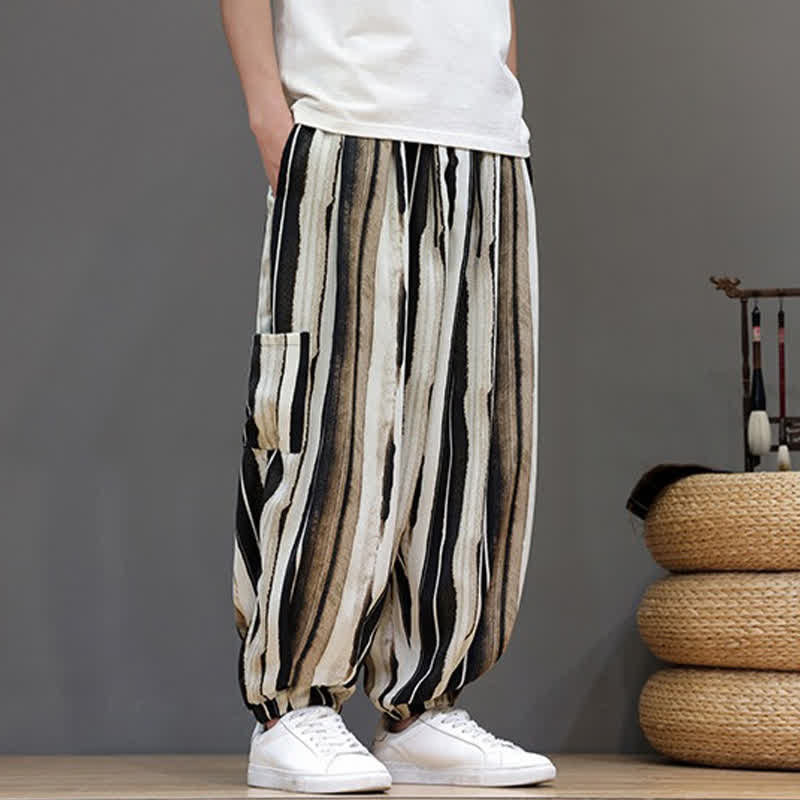 Buddha Stones Pantalon court rayé style bohème décontracté d'été avec poches plaquées, style sarouel pour homme. - image 15