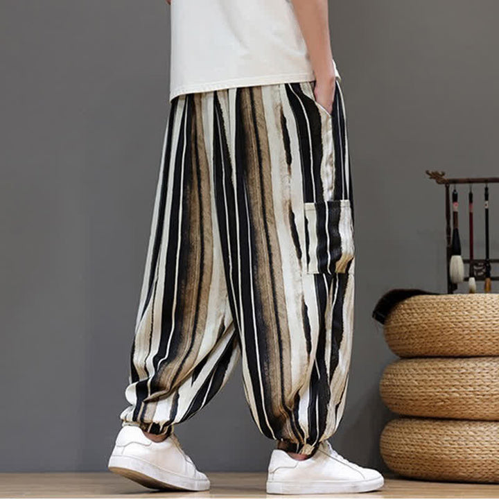 Buddha Stones Pantalon court rayé style bohème décontracté d'été avec poches plaquées, style sarouel pour homme. - image 17