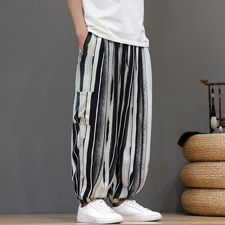 Buddha Stones Pantalon court rayé style bohème décontracté d'été avec poches plaquées, style sarouel pour homme. - image 6