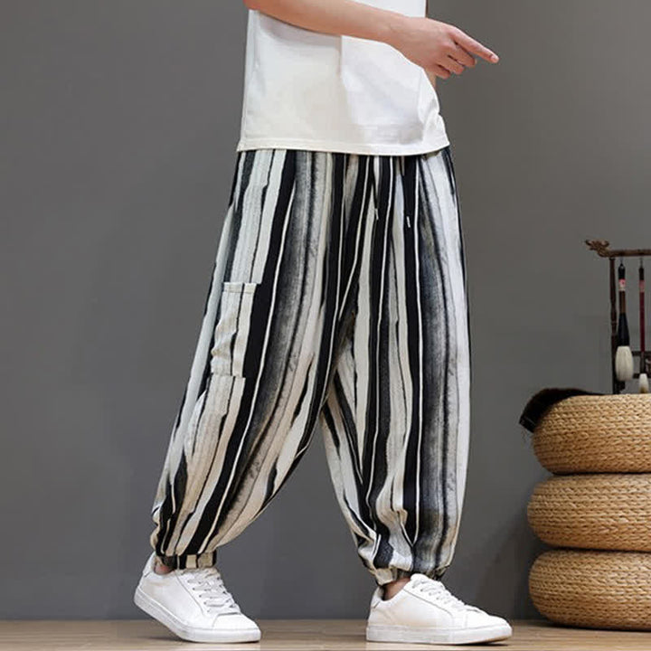 Buddha Stones Pantalon court rayé style bohème décontracté d'été avec poches plaquées, style sarouel pour homme. - image 7