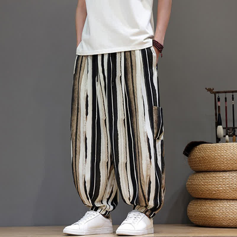Buddha Stones Pantalon court rayé style bohème décontracté d'été avec poches plaquées, style sarouel pour homme. - Tanné - US/UK/AU46, EU56 (5XL) - image 11