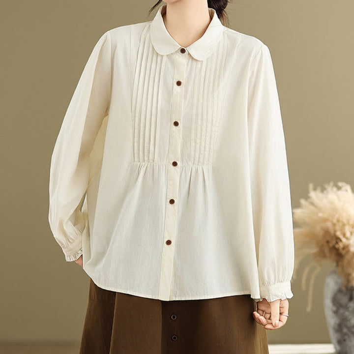 Buddha Stones Chemises à manches longues boutonnées unies style vintage décontracté d'été pour femmes - image 15