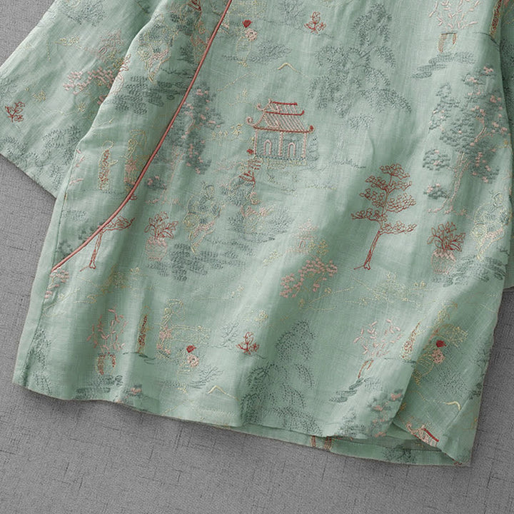 Buddha Stones Chemises à manches courtes pour femmes, style Tang, col mandarin vintage, broderie abstraite - image 6