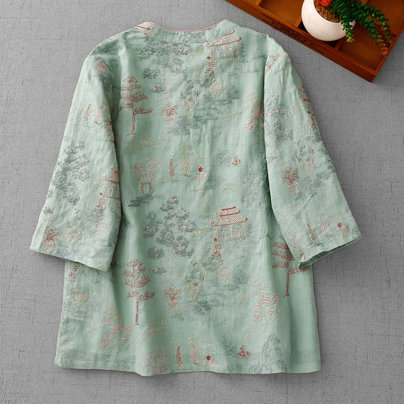 Buddha Stones Chemises à manches courtes pour femmes, style Tang, col mandarin vintage, broderie abstraite - image 1