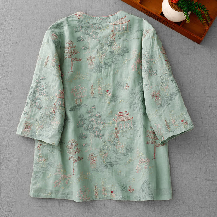 Buddha Stones Chemises à manches courtes pour femmes, style Tang, col mandarin vintage, broderie abstraite - image 1