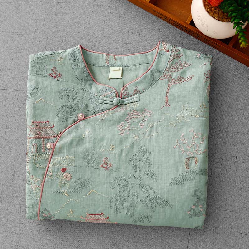 Buddha Stones Chemises à manches courtes pour femmes, style Tang, col mandarin vintage, broderie abstraite - image 2