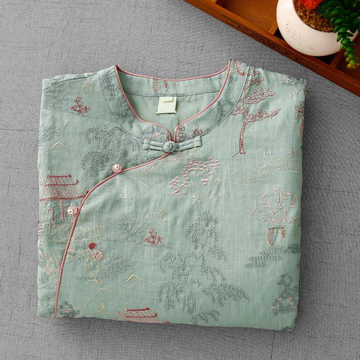 Buddha Stones Chemises à manches courtes pour femmes, style Tang, col mandarin vintage, broderie abstraite - image 2