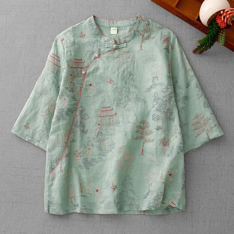 Buddha Stones Chemises à manches courtes pour femmes, style Tang, col mandarin vintage, broderie abstraite - Vert foncé - US8-10, UK/AU12-14, EU40-42 (2XL) - image 0
