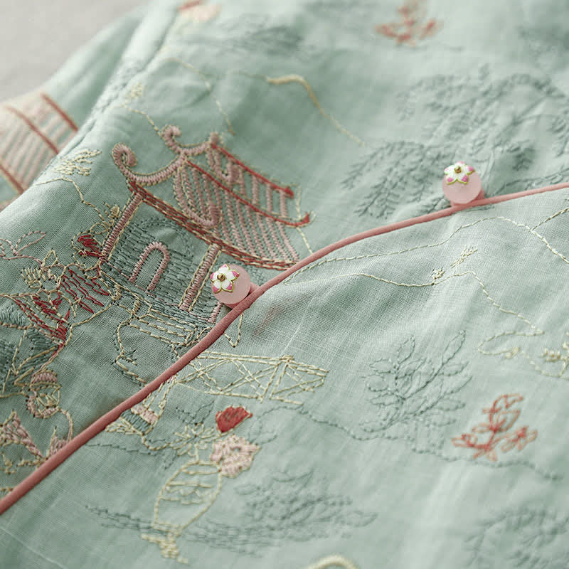 Buddha Stones Chemises à manches courtes pour femmes, style Tang, col mandarin vintage, broderie abstraite - image 4