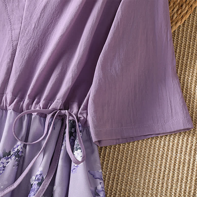 Buddha Stones Robe d'été élégante et décontractée à manches courtes, à cordon de serrage et à imprimé floral, avec poches. - image 6