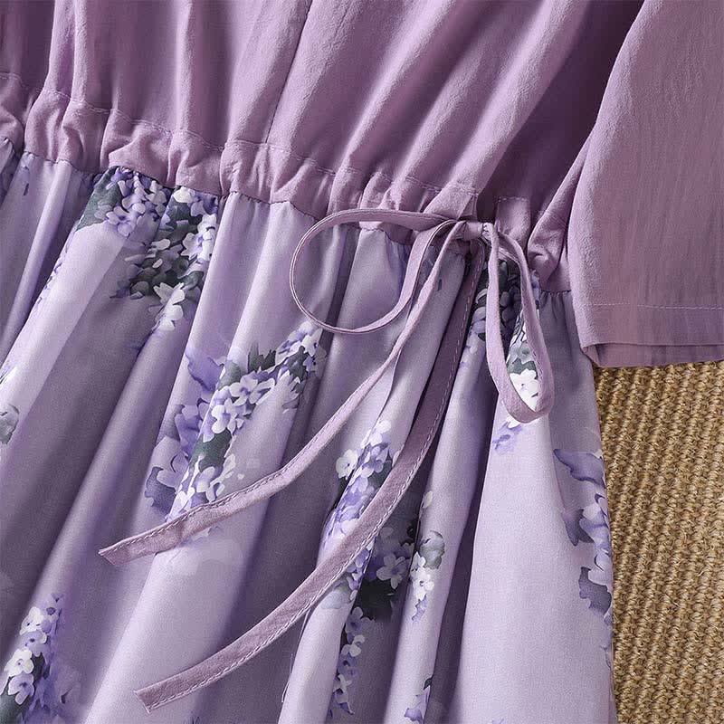 Buddha Stones Robe d'été élégante et décontractée à manches courtes, à cordon de serrage et à imprimé floral, avec poches. - image 8